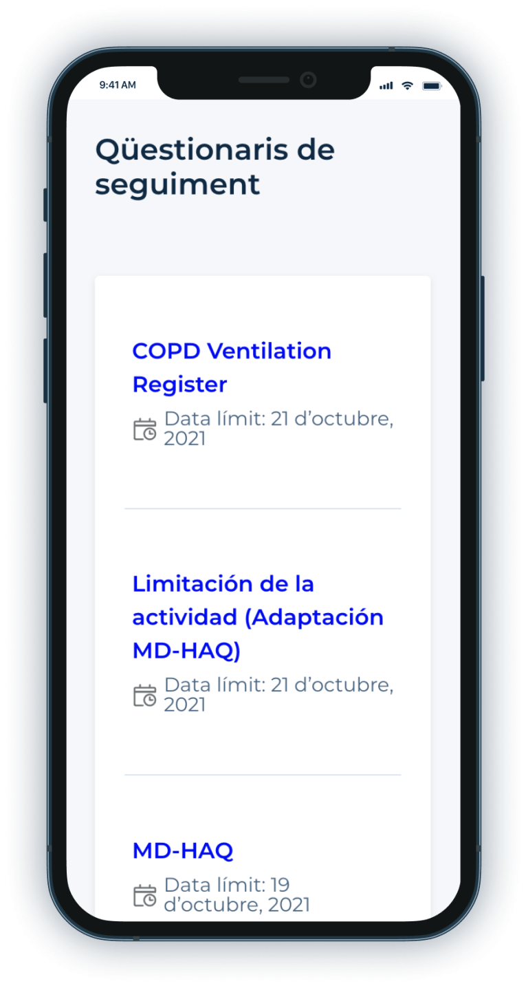 Dispositiu mòbil que mostra la visualització de: Accedir a qüestionaris digitals