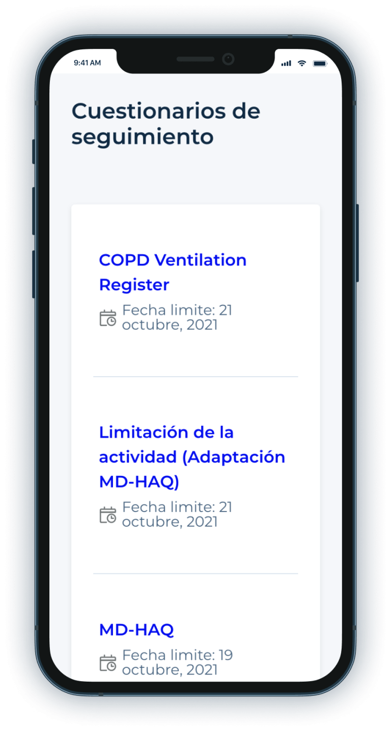 Dispositivo móvil mostrando la visualización de: Acceder a cuestionarios digitales