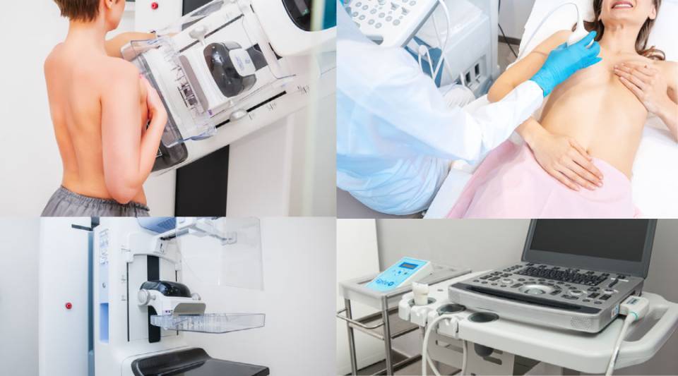 Difference in the procedure and device of a mammogram (left) and a breast ultrasound (right).