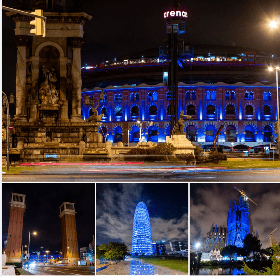 Monumentos iluminados en Barcelona con motivo del Día Mundial de Neumonía, en el marco de la iniciativa Pneumolight.
