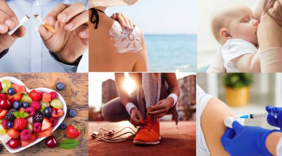 Some cancer-preventive factors are giving up somoking, get vaccinated, eat a healthy diet, do physical exercise, do not get sunburnt.